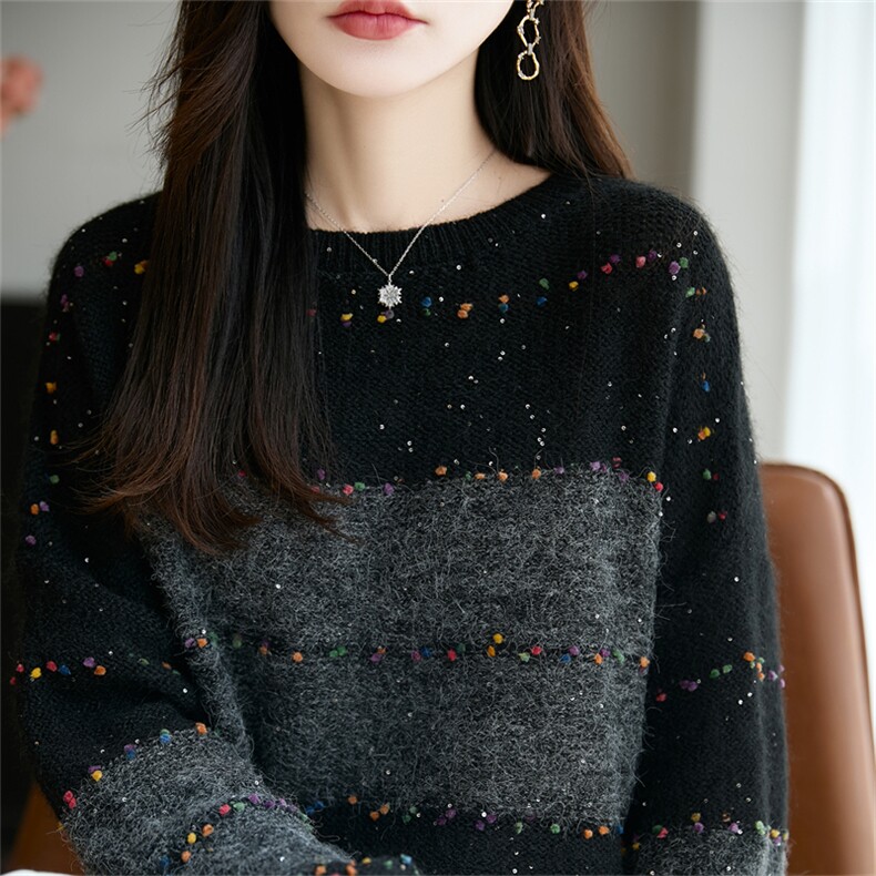 宽松慵懒风精纺羊毛衫女圆领拼色彩点扣针织毛衣长袖亮片打底上衣,针织衫/毛衣,郡淞羊绒