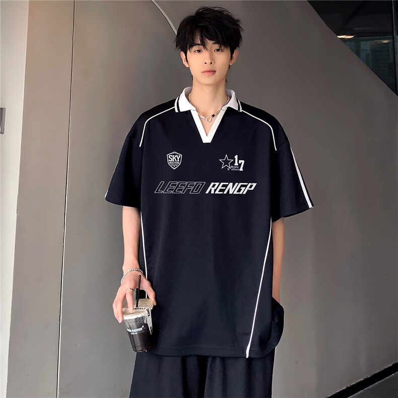 翻领小V领滚条时尚男女同款美式复古百搭休闲高级短袖T恤T134-p38,男装T恤,电商C307