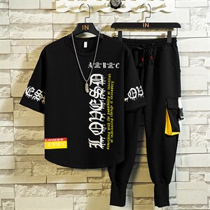 2023夏季男士新款运动休闲短袖套装印花短袖T恤套装男F173P75图片