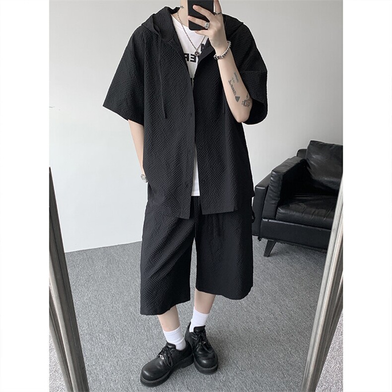 TZ793-特55控98新款速干肌理感连帽男短袖衬衫六分裤大码套装,男装T恤,电商A059