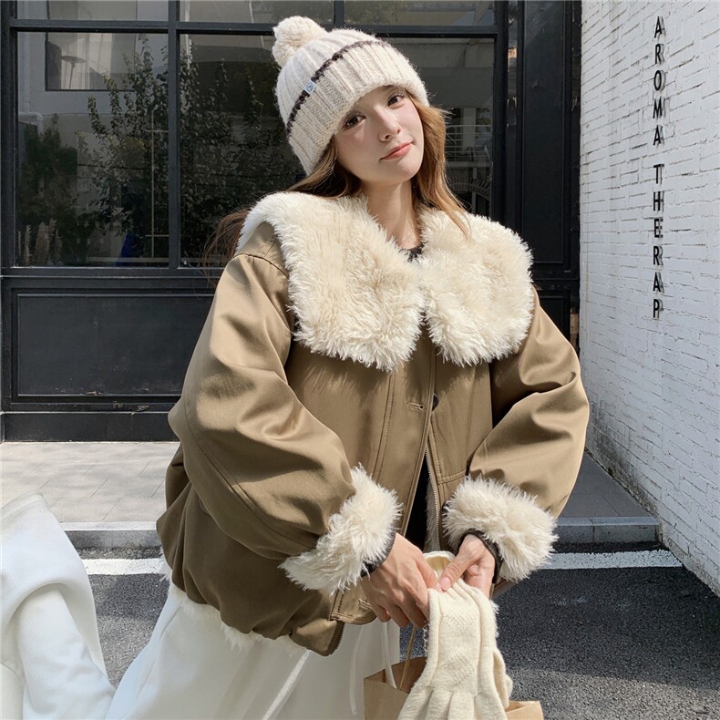 工装派克服女冬季小个子2025年新款高级感大毛领加绒加厚机车棉服,女装棉衣/棉服,2C166