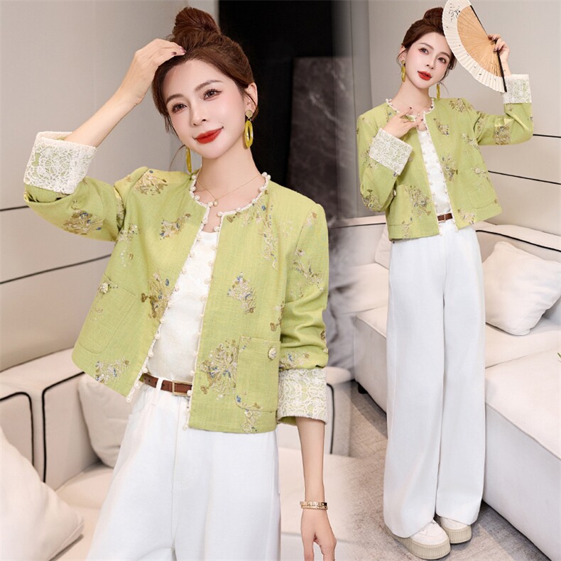 小香风外套女2025开春新款小个子超火新中式国风短款绿色刺绣上衣，女装短外套，布芭啦