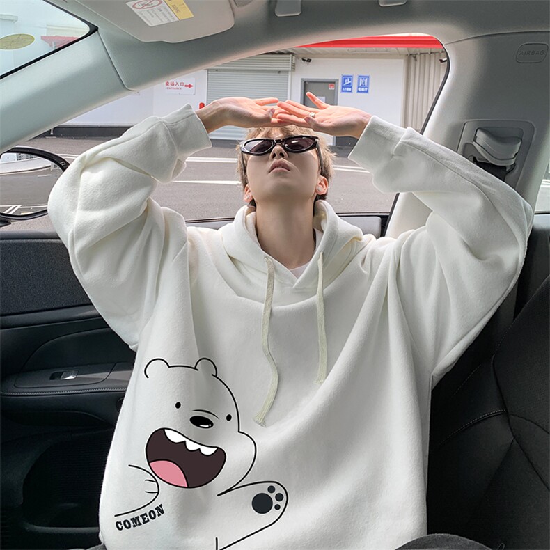 WASSUP HAPPY小熊卫衣男大码学生重磅运动外套秋冬款加绒加厚上衣图片