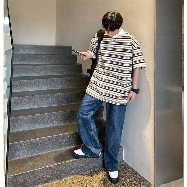 港风条纹短袖T恤男大码立体口袋设计短袖T恤男DT8768P40控59,男装T恤,星座226-1