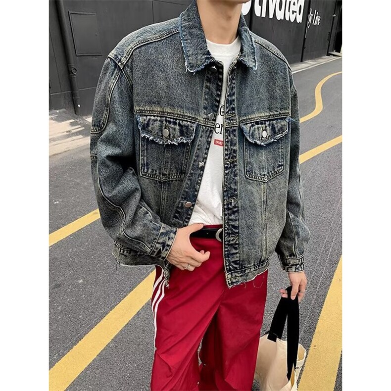 美式复古水洗牛仔夹外套男春秋季情侣款上衣宽松百搭做旧潮牌夹克,男装夹克,星座1013