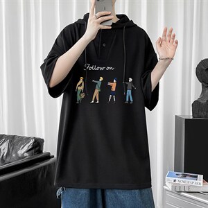 LD54043-P45 连帽短袖t恤男大码胖子带帽五分袖中袖图片
