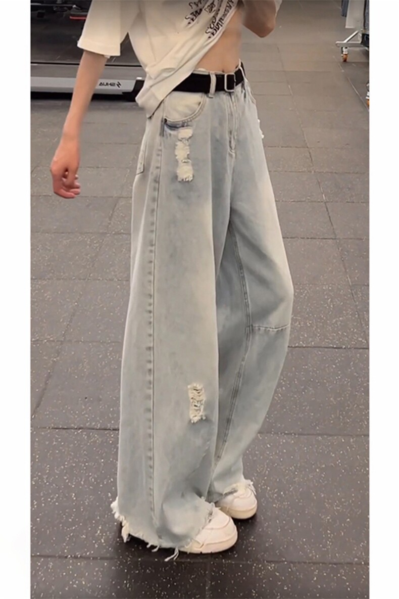 (网图慎用)浅蓝色毛边破洞牛仔裤男女夏季直筒裤NK8652-特价P50,男装牛仔裤,电商A007