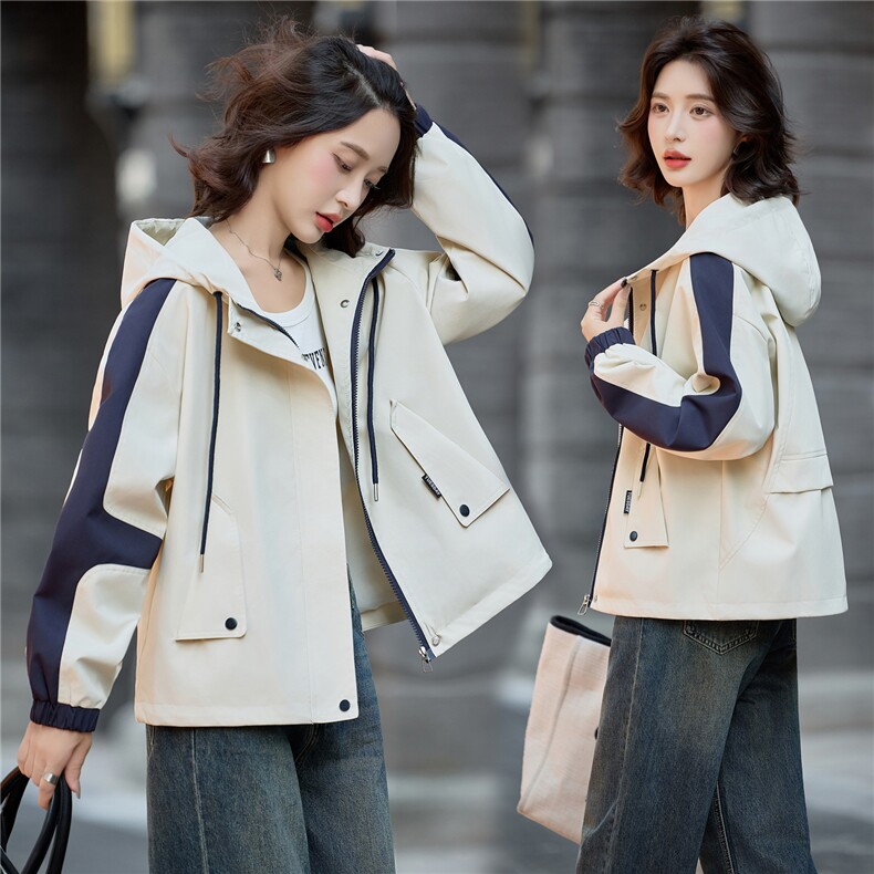 秋季新款时尚连帽风衣外套拼色风衣，女装短外套，慕依路