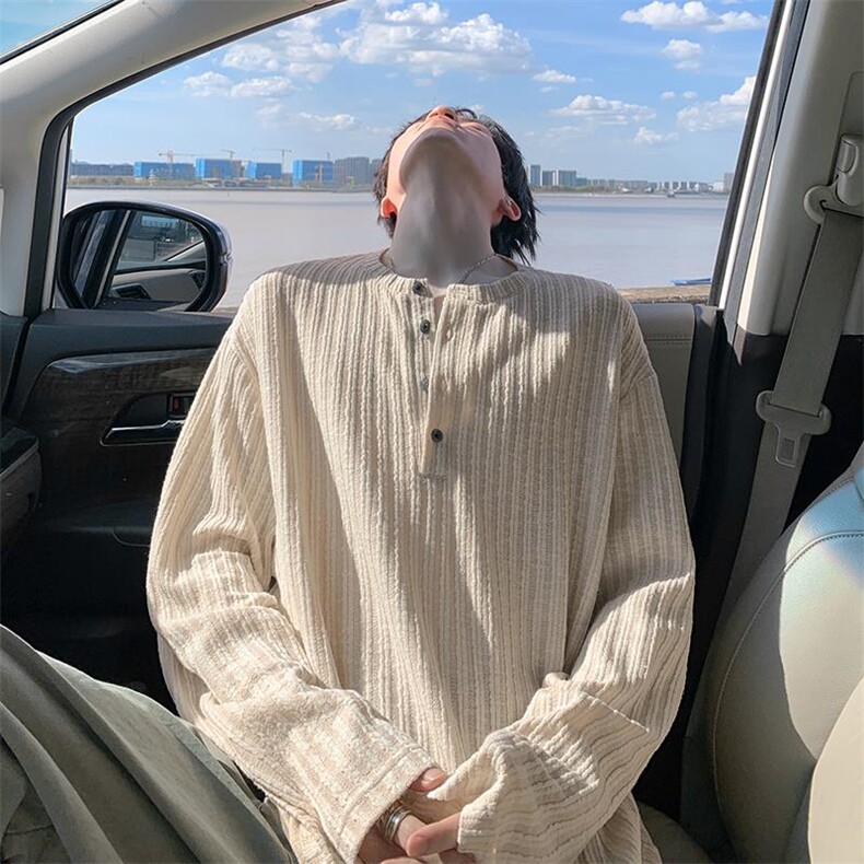 老钱风竖条纹纹理感亨利领大码日系长袖T恤男T24529-特P33控65，男装T恤，电商A001