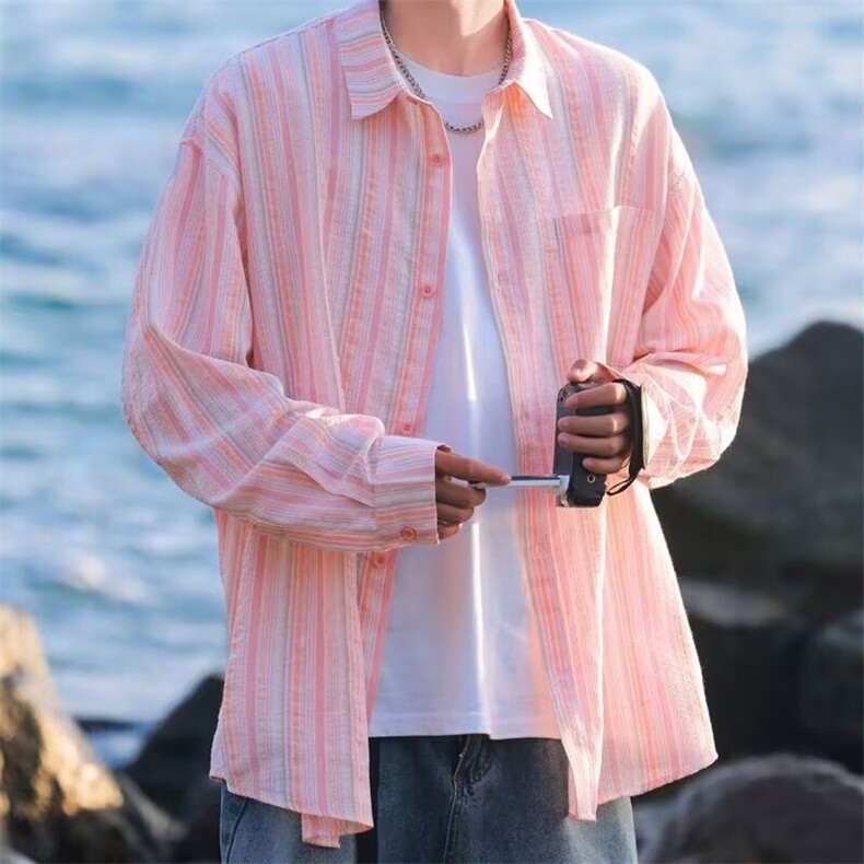 2026春夏季松弛感长袖衬衫男宽松条纹休闲衬衣薄C3020,男装衬衫,星座1108