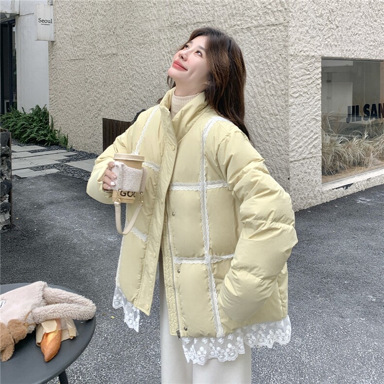 奶黄色蕾丝花边羽绒服女2025冬季新款韩系超好看加厚90白鸭绒外套,女装羽绒服,2C056