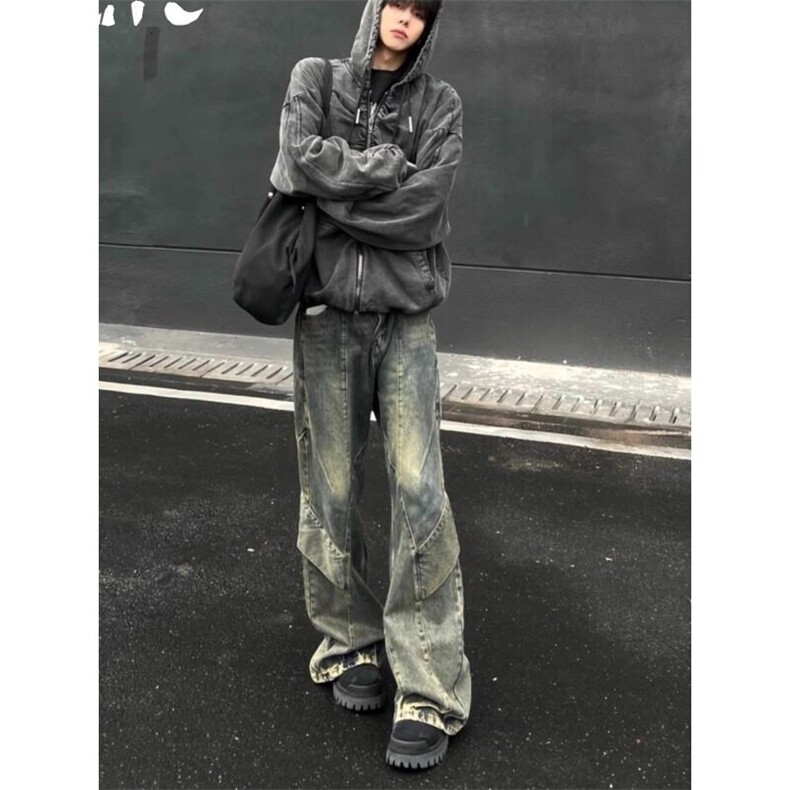 美式复古黄泥色牛仔裤潮牌不规则裤子直筒微喇裤NZ12特P58,男装牛仔裤,星座908-1