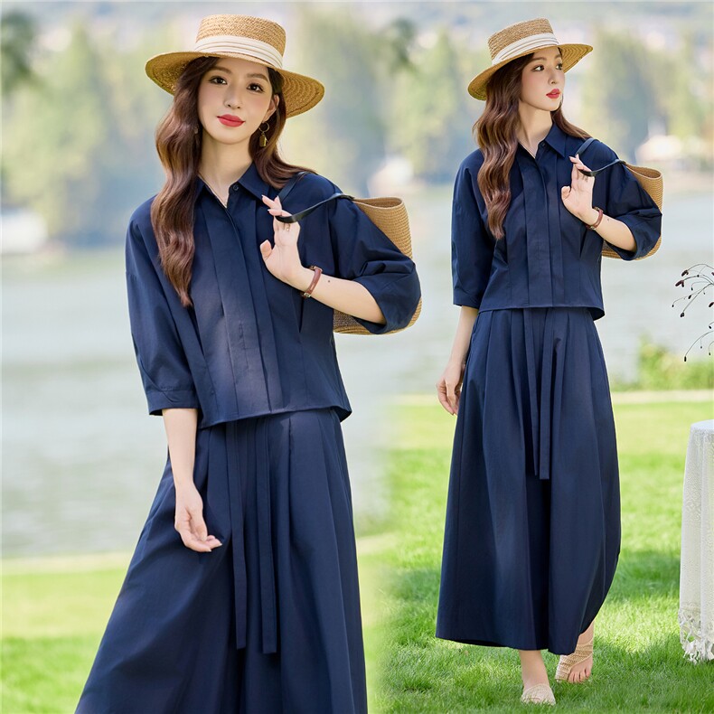 藏青色套装女秋新款收腰七分袖衬衫阔腿裤两件套，女装套装/套裙，水衣源