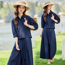 藏青色套装女秋新款收腰七分袖衬衫阔腿裤两件套，女装套装/套裙，水衣源