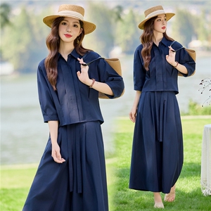 藏青色套装女秋新款收腰七分袖衬衫阔腿裤两件套，女装套装/套裙，水衣源