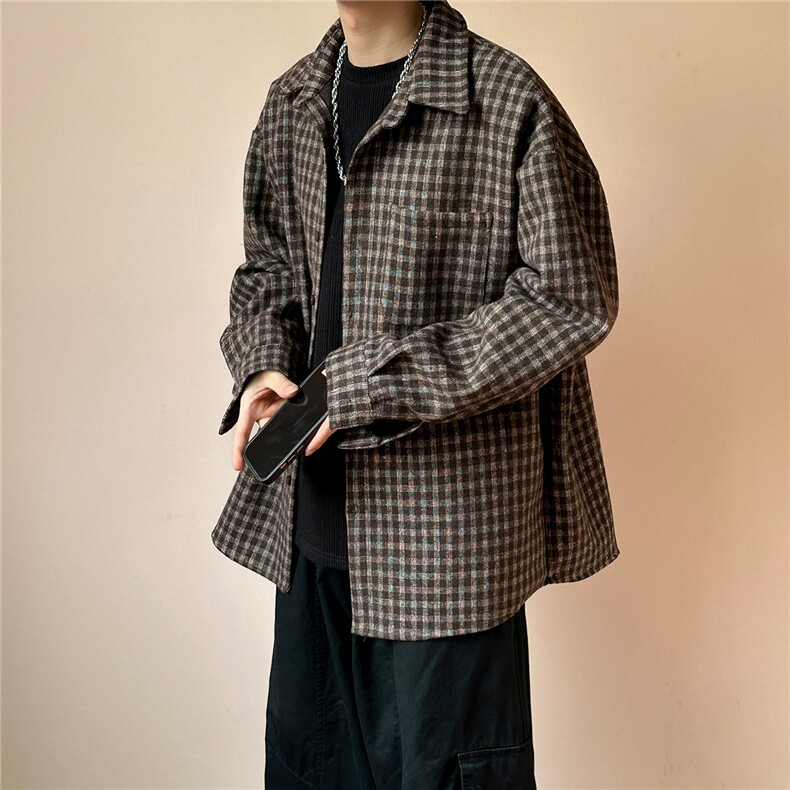 新款呢子夹克外套宽松休闲格子呢料衬衣外套A351-AJ2552-P75控138,男装夹克,电商A351