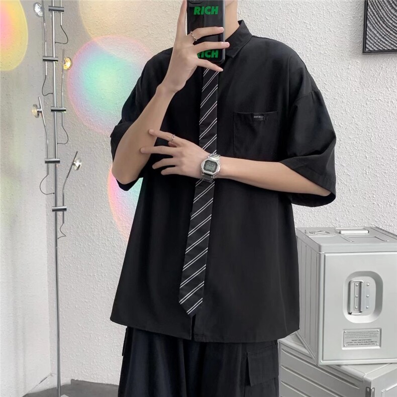 短袖衬衫春款男港风潮流带领带衬衣CS001P30,男装衬衫,星座1116-2