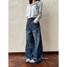 N53-P58美式复古水洗贴布格纹弯刀牛仔裤男女bf休闲百搭拖地，男装牛仔裤，电商B323A