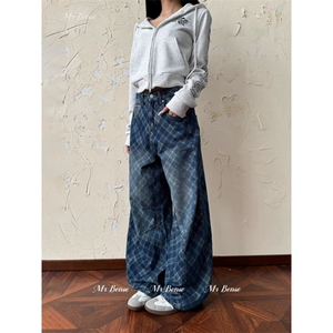 N53-P58 美式复古水洗贴布格纹弯刀牛仔裤男女bf休闲百搭拖地图片