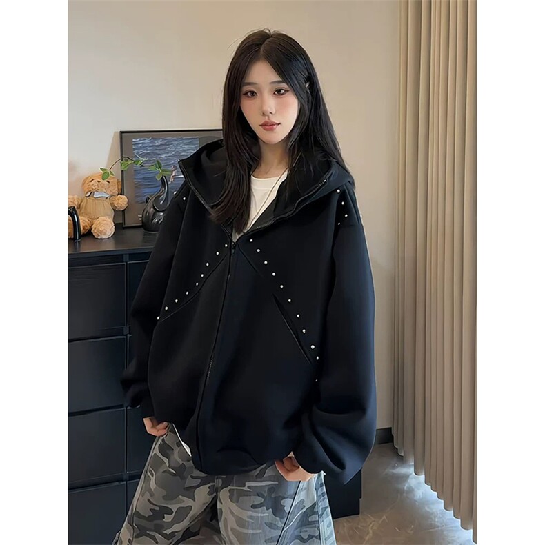 抖音得物高品质二开26春装美式高街铆钉拼接纯色开衫卫衣外套W122,女装短外套,电商A486