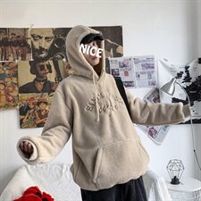 703-W199-P58秋冬港风加绒羊羔毛情侣卫衣绣花套头帽衫，男装卫衣，星座703