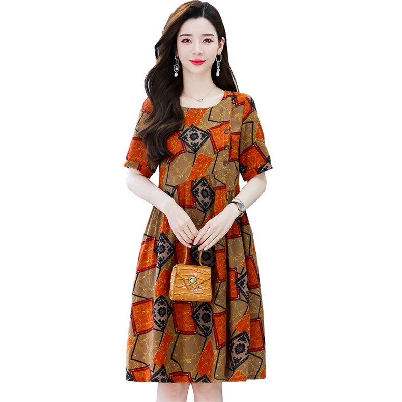 【现货】连衣裙夏中长款短袖口袋修身显瘦气质复古花纹印花，女装连衣裙，妃曼