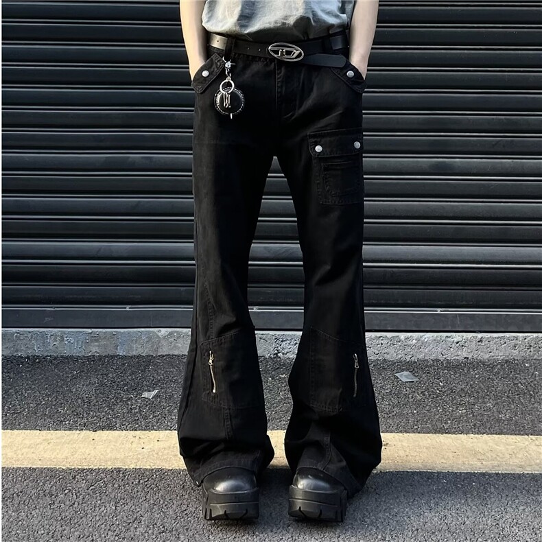 美式复古闪电纹设计黑色牛仔裤男高街潮牌宽松休闲长裤子XK396图片