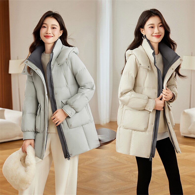 女士中长款羽绒服连帽保暖2024冬季新款简约时尚大口袋白鸭绒外套,女装羽绒服,自然秀