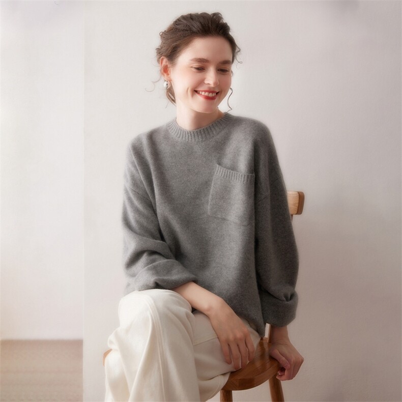 慵懒风口袋100%纯山羊绒衫圆领宽松女毛衣2025秋冬新款针织衫白色,针织衫/毛衣,美创羊绒