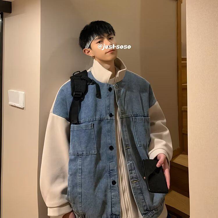 假两件牛仔外套男秋季潮牌设计感拼接港风韩版潮流宽松休闲夹克衫，男装工装外套，星座1210-1