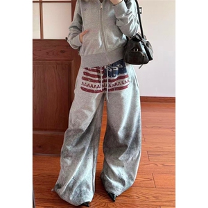 美式街头灰色字母印花拖地长裤女2025早秋新款辣妹低腰显瘦阔腿裤图片