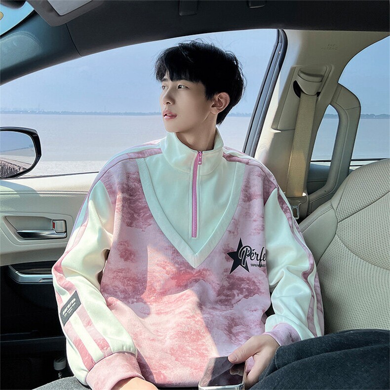 现货2026春季脏脏布半拉链卫衣假两件宽松A436-109-P5888,男装卫衣,电商A436