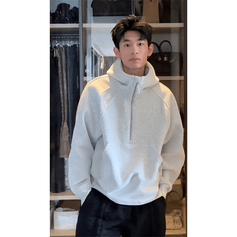 抖音得物高品质二开26春装重磅宽松结构拉链设计高领连帽卫衣W76,男装卫衣,电商A486-1