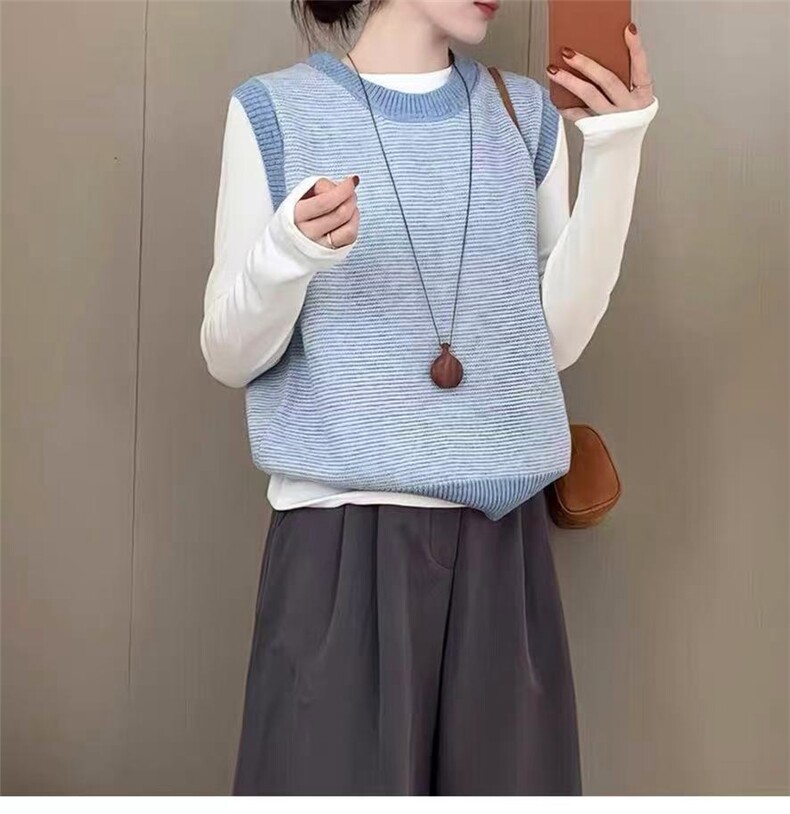 2025年秋季新款百搭女士撞色条纹马甲，女装针织衫/毛衣，嘉日羊绒