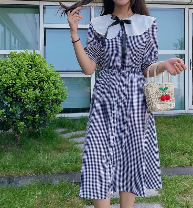 格纹娃娃领连衣裙,女装连衣裙,欧尼蒂