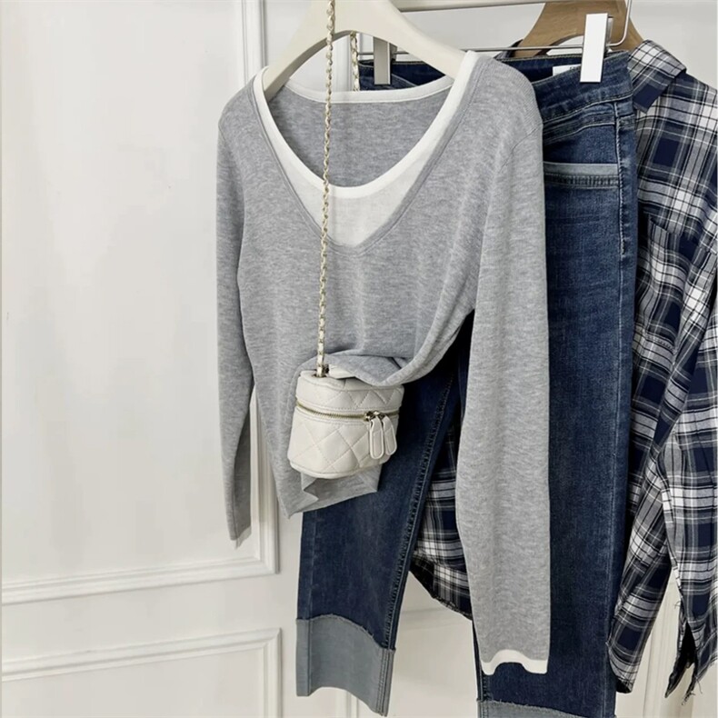 假两件长袖套衫2025年春季百搭显瘦套头针织衫，女装针织衫/毛衣，唯若美羊绒