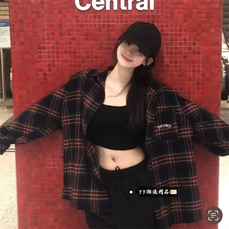 美式复古新款格子长袖衬衫男女春秋季潮牌宽松情侣休闲衬衣外套,男装衬衫,星座1210-1