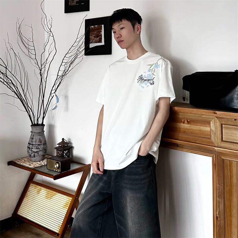 万针全刺绣解构设计260克重磅双纱纯棉高品质美式高街短袖T恤特35,男装T恤,电商A486-1