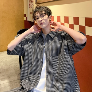 格子短袖衬衫男夏季新款港风宽松纯棉衬衣DX101-P35图片