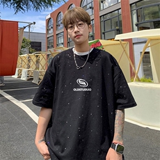 可48小时发货支持抖音得物来样二开美式满天星亮片短袖T恤MTX725，男装T恤，电商A486