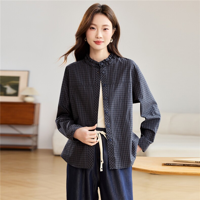纯棉格子开春衬衫女款2026新款木耳立领休闲减龄上衣,女装衬衫,忆绮罗