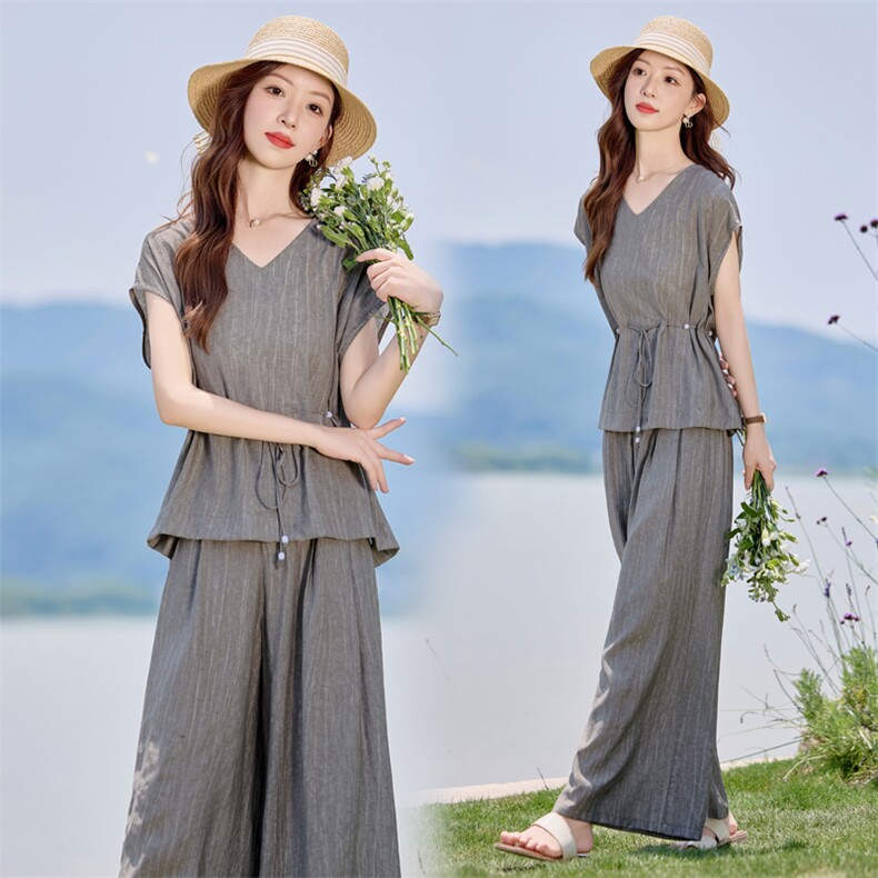 薄款天丝时尚套装女2025夏新款时尚气质减龄显瘦港风阔腿裤两件套，女装套装/套裙，E百度