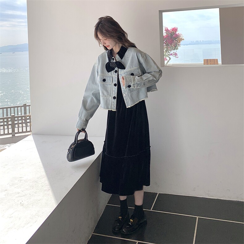 丝绒拼接蝴蝶结翻领牛仔外套女2025春秋季新款小个子显瘦别致上衣,女装连衣裙,2C198
