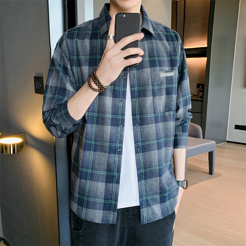 格子衬衫男韩版潮流休闲百搭设计感长袖秋新款DF05T,男装衬衫,电商A102