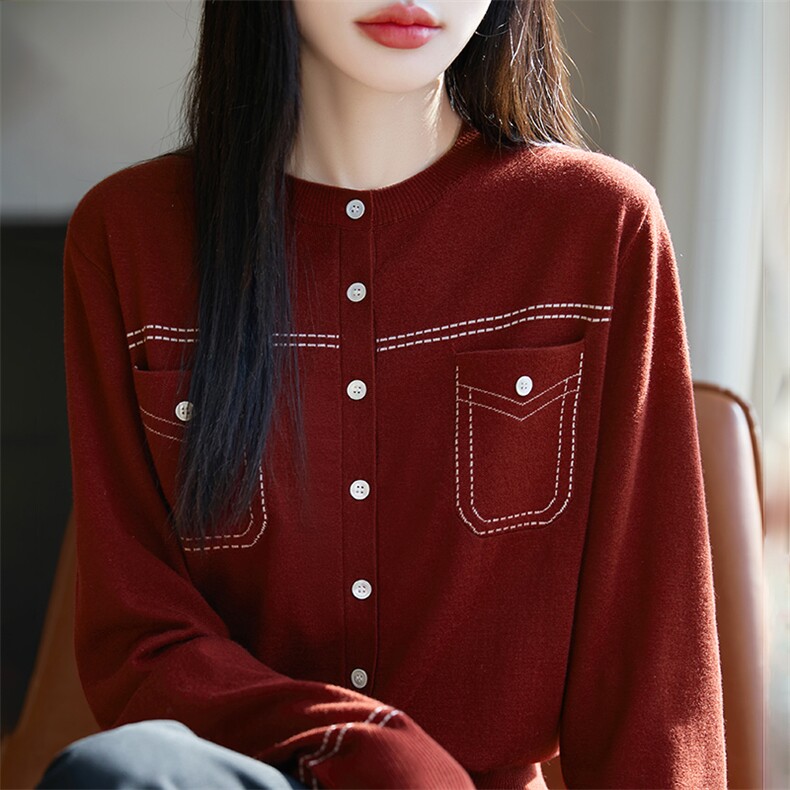 圆领桑蚕丝精纺羊毛开衫女拼色带兜针织毛衣外套宽松休闲外搭上衣,针织衫/毛衣,暖烁羊绒
