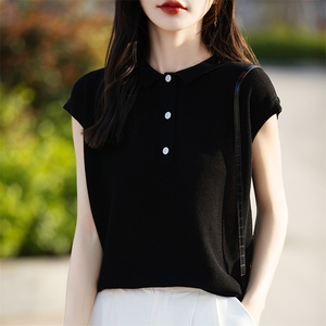 POLO领针织条纹短袖T恤女夏季薄款时尚减龄百搭显瘦撞色翻领上衣图片