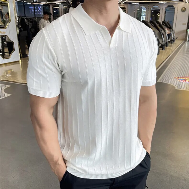 网图夏季V领男士短袖针织衫条纹纯色轻熟77058-P50,男装针织衫/毛衣,星座1012-1