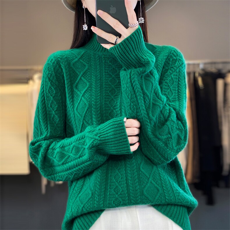 时尚潮流2024年秋季通勤一线成衣半高领绞花保暖气质羊毛衫女,女装羊毛衫,大美人高端店