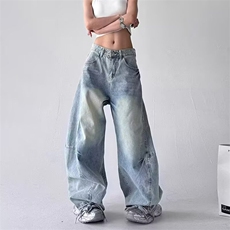 美式复古设计感嘻哈弯刀牛仔裤女2025秋季新款宽松显瘦直筒阔腿裤，男装牛仔裤，星座813-2