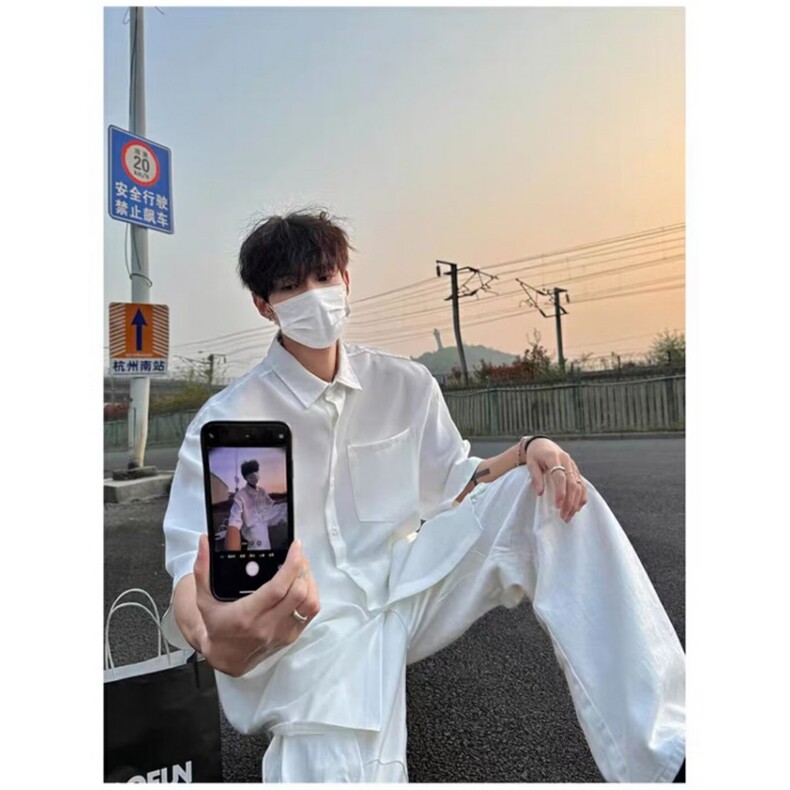 休闲冰丝短袖衬衫男潮牌潮流港风宽松垂感半袖衬衣男外套薄C973,男装T恤,星座1116A（原606A-3）